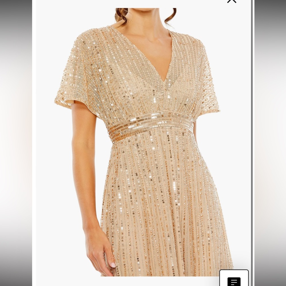 Mac Duggal Empire Waist Embellished Short Sleeved Dress taupe champagne size 16 - Picture 2 of 5